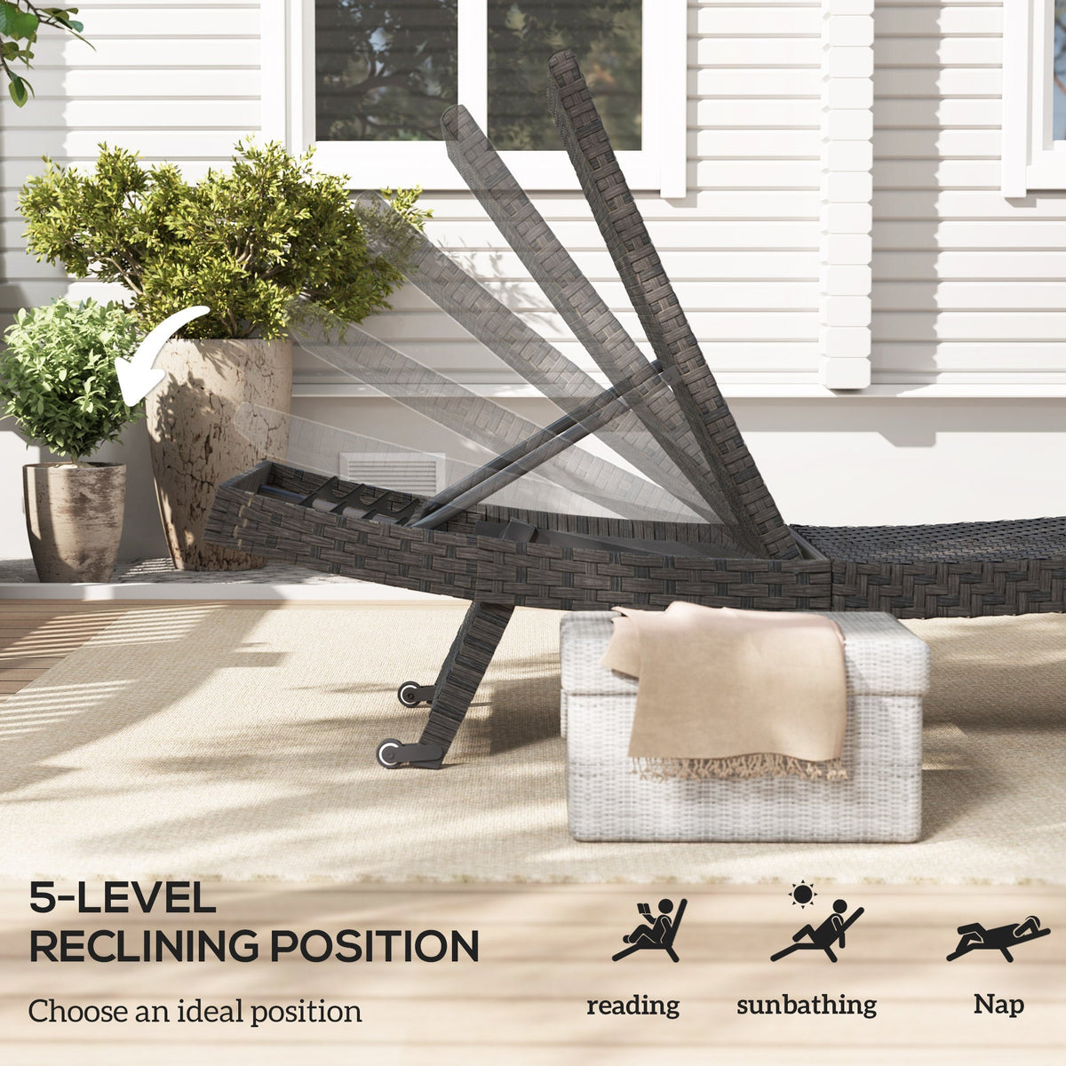 Rattan FoldingLounger Recliner with 5-Level Adjustable Backrest & Wheels, Mixed Brown