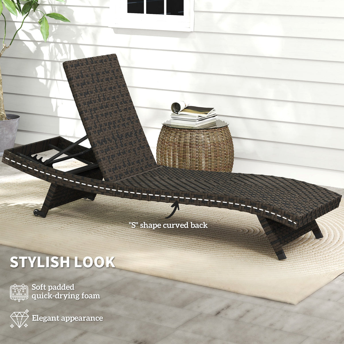 Rattan FoldingLounger Recliner with 5-Level Adjustable Backrest & Wheels, Mixed Brown