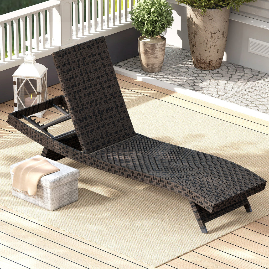 Rattan FoldingLounger Recliner with 5-Level Adjustable Backrest & Wheels, Mixed Brown