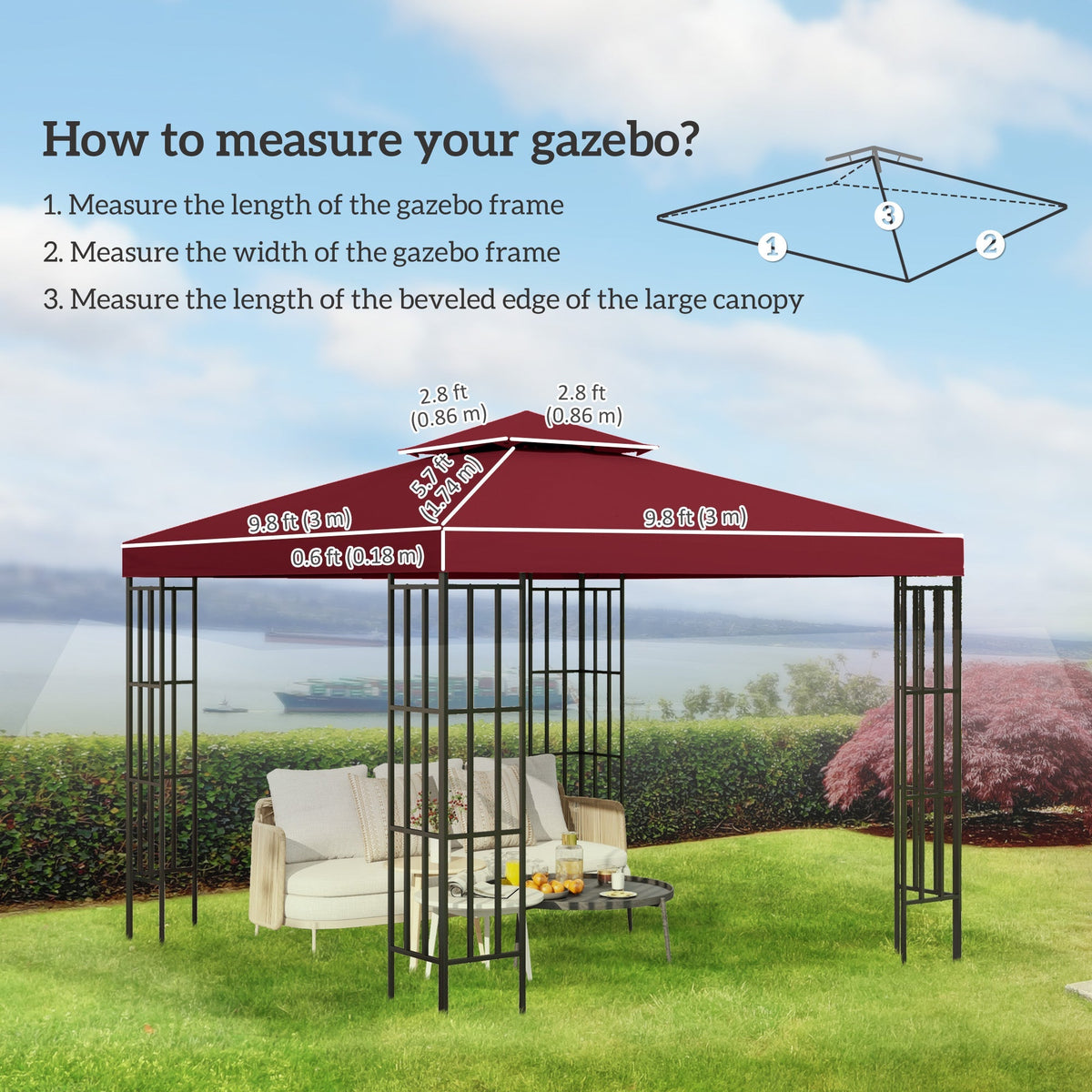 9.84' x 9.84' 2-Tier Gazebo Replacement Canopy, Wine Red