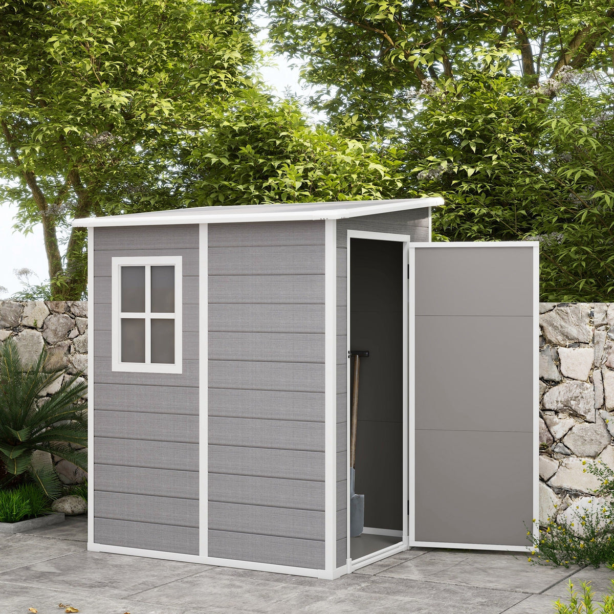 4 x 5FT Lean to Plastic Garden Shed w/ Lockable Doors, Window, Vent and Plastic Roof, Grey