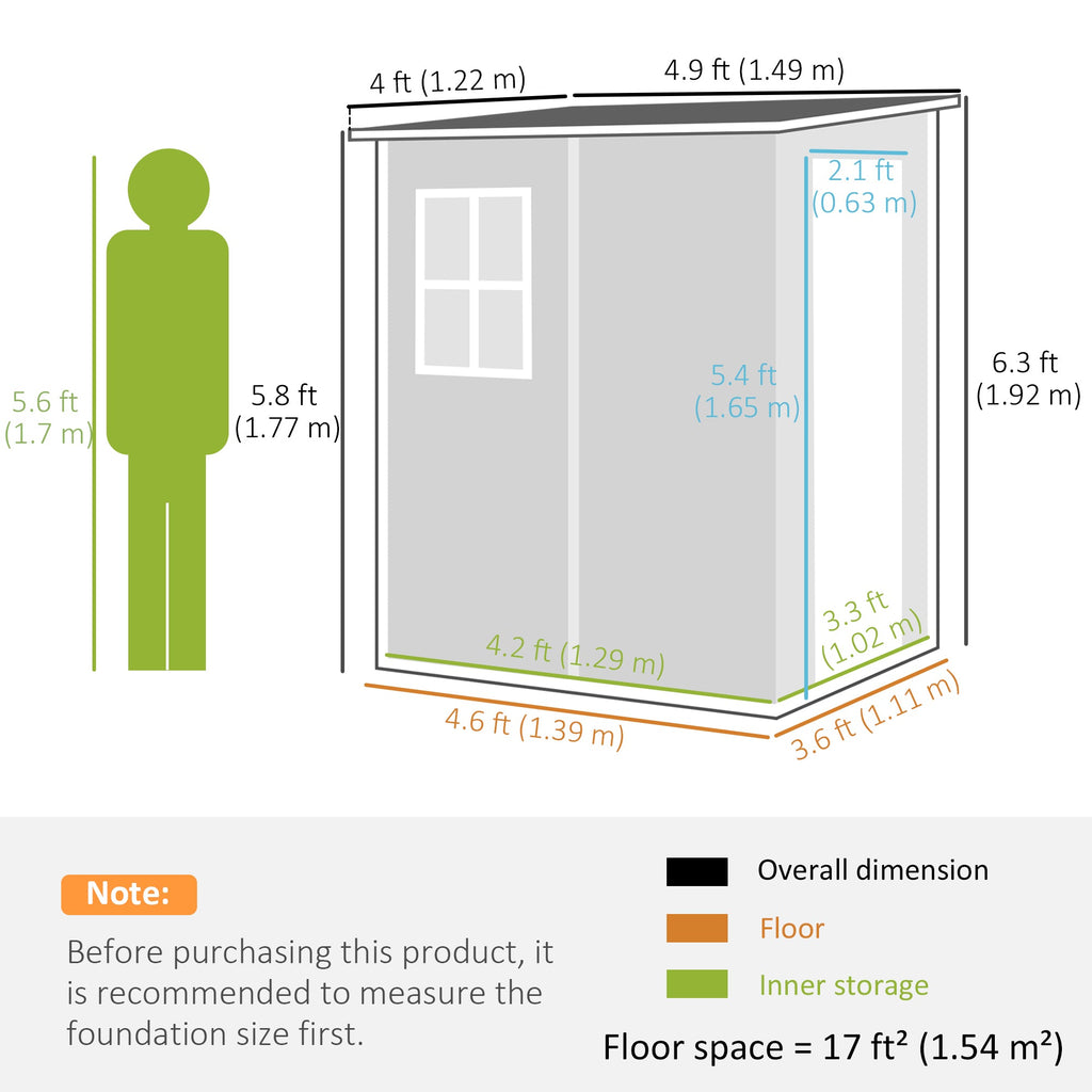 4 x 5FT Lean to Plastic Garden Shed w/ Lockable Doors, Window, Vent and Plastic Roof, Grey