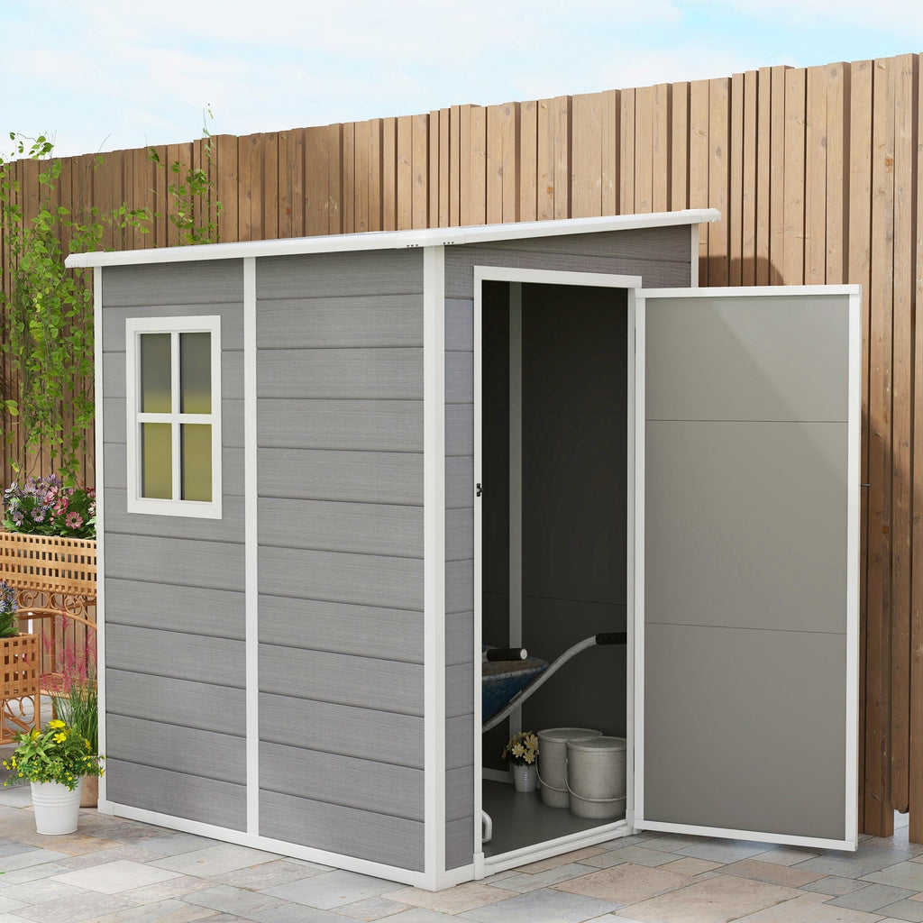 4 x 5FT Lean to Plastic Garden Shed w/ Lockable Doors, Window, Vent and Plastic Roof, Grey
