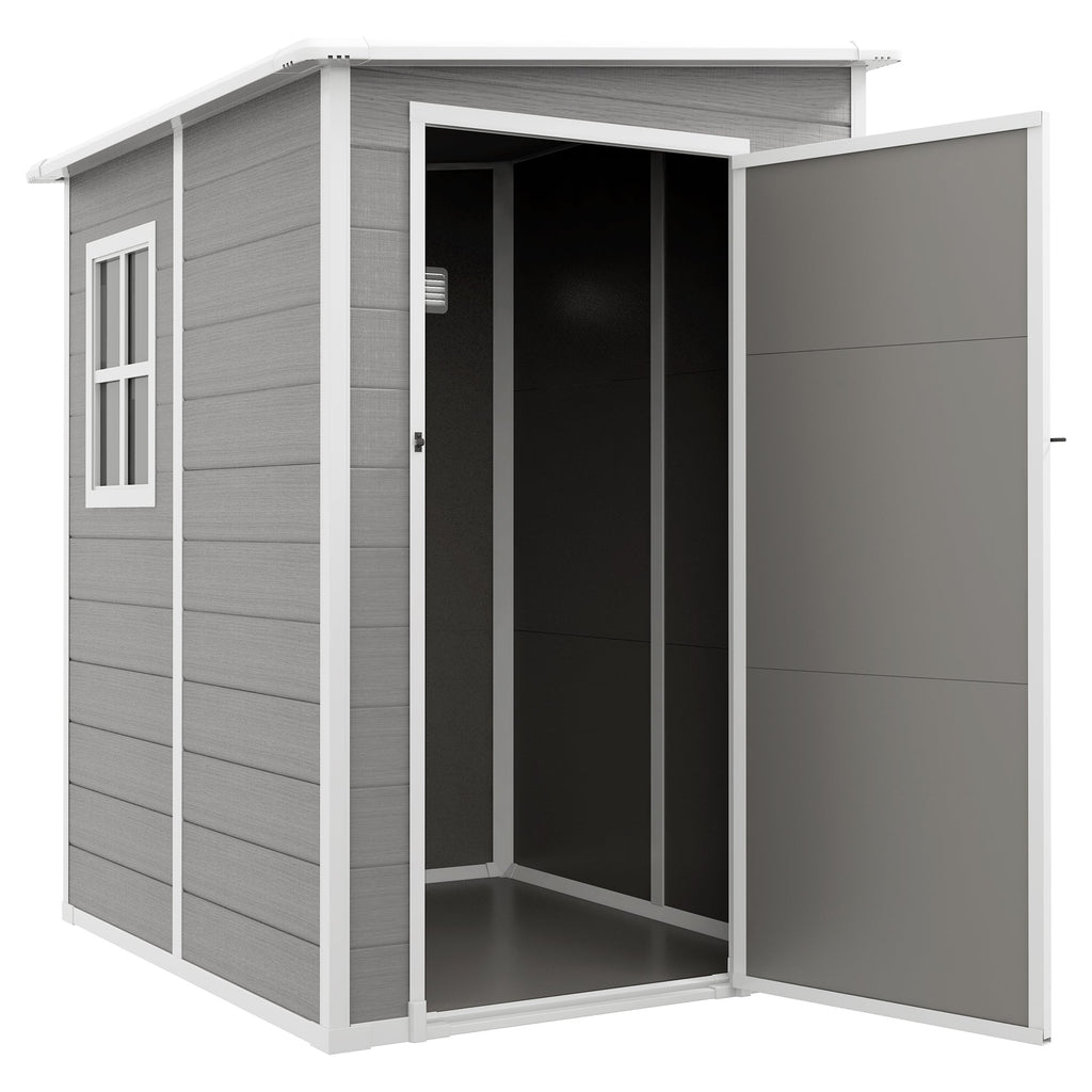 4 x 5FT Lean to Plastic Garden Shed w/ Lockable Doors, Window, Vent and Plastic Roof, Grey