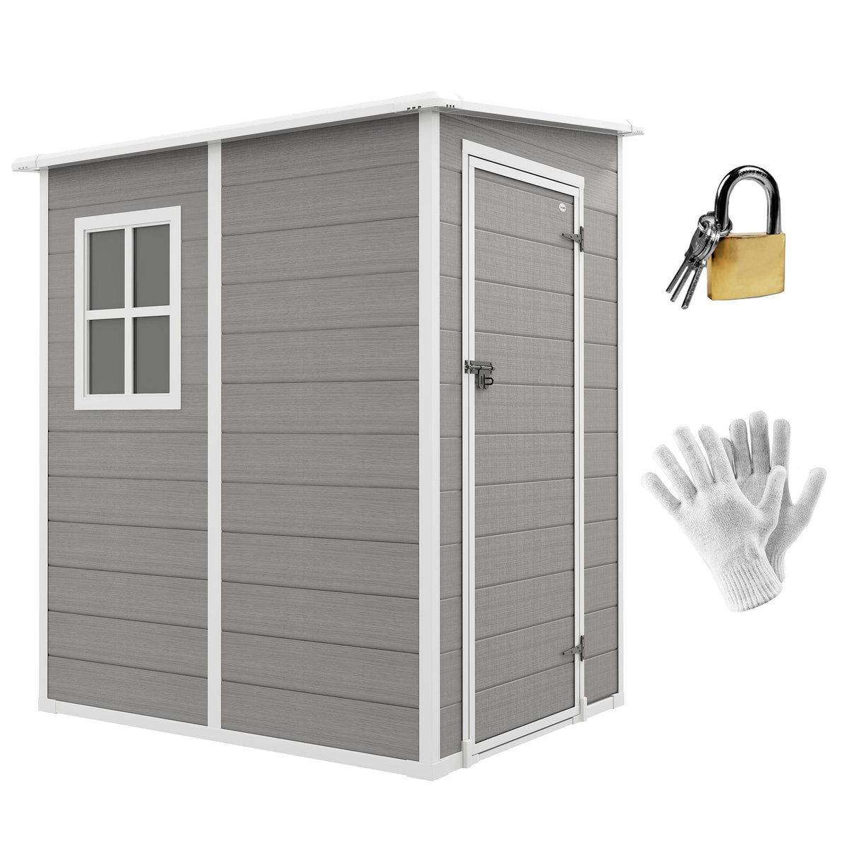 4 x 5FT Lean to Plastic Garden Shed w/ Lockable Doors, Window, Vent and Plastic Roof, Grey