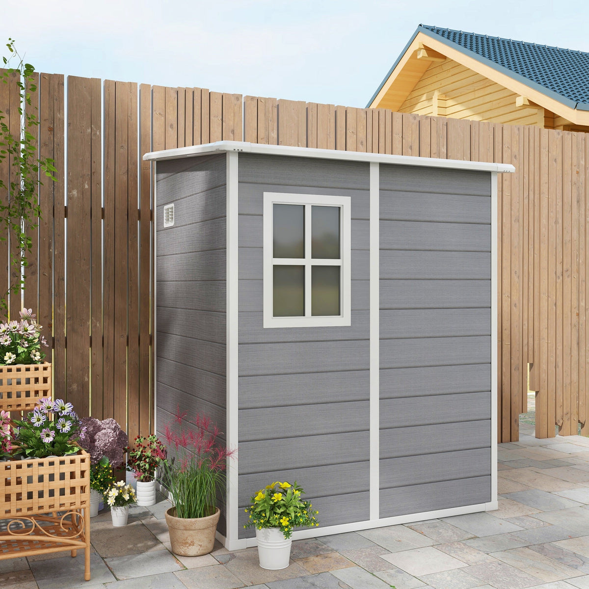 4' x 5' Lean-to Storage Shed with Window & Vent, Plastic Roof, Grey