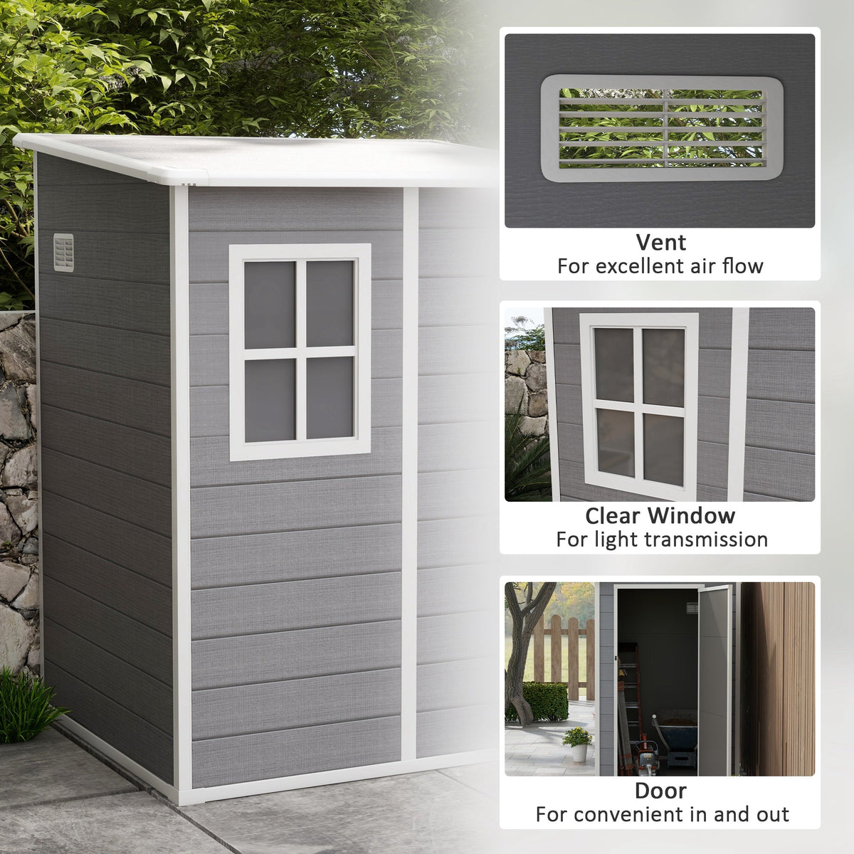 4 x 5FT Lean to Plastic Garden Shed w/ Lockable Doors, Window, Vent and Plastic Roof, Grey