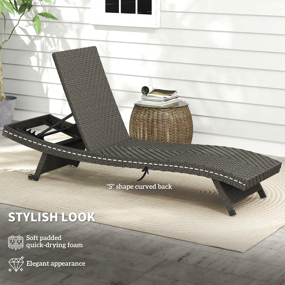 Rattan FoldingLounger Recliner with 5-Level Adjustable Backrest & Wheels, Mixed Grey
