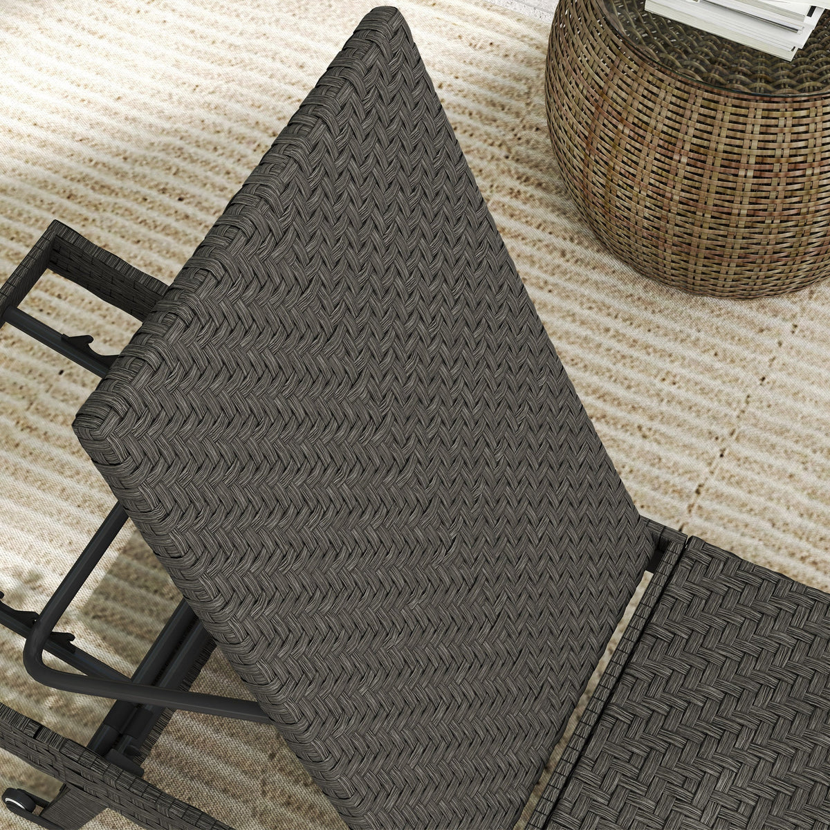 Rattan FoldingLounger Recliner with 5-Level Adjustable Backrest & Wheels, Mixed Grey