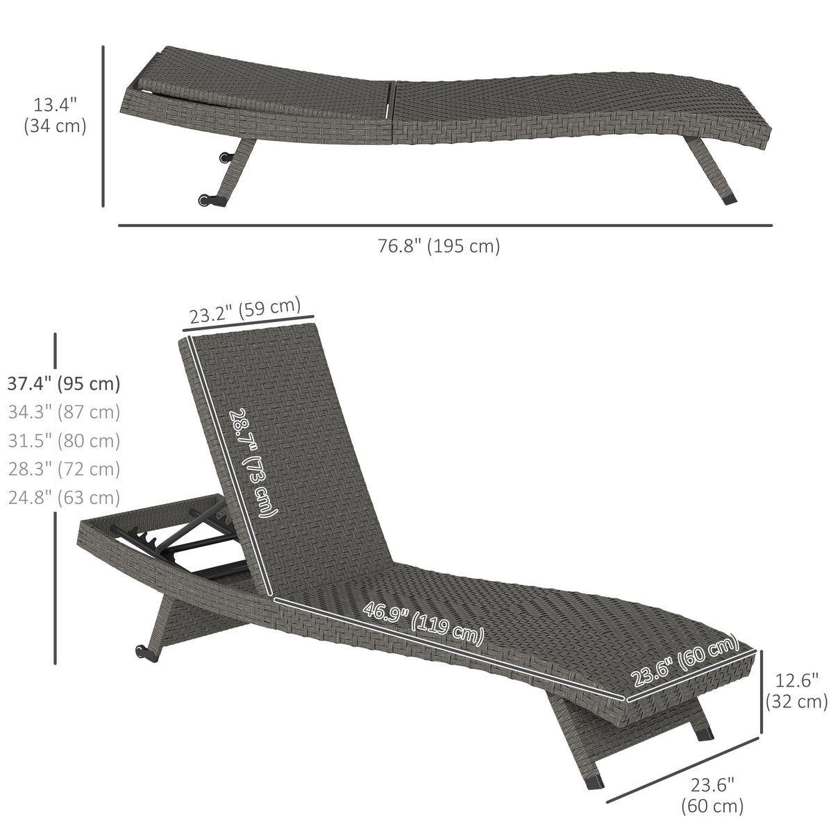 Rattan FoldingLounger Recliner with 5-Level Adjustable Backrest & Wheels, Mixed Grey