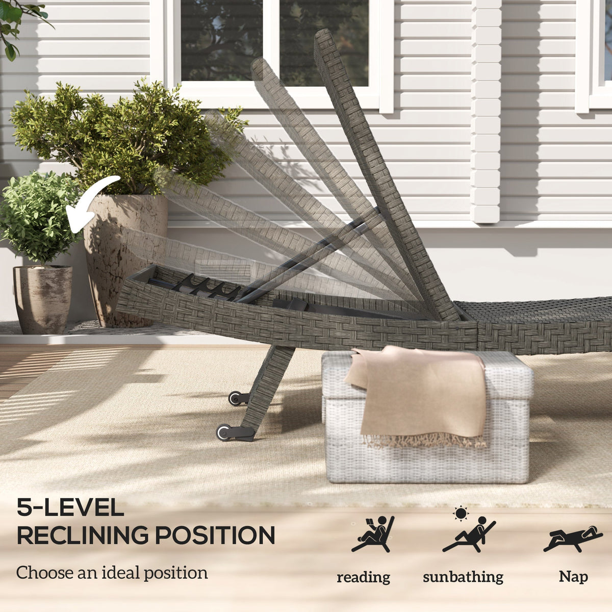 Rattan FoldingLounger Recliner with 5-Level Adjustable Backrest & Wheels, Mixed Grey