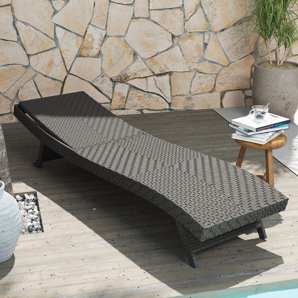 Rattan FoldingLounger Recliner with 5-Level Adjustable Backrest & Wheels, Mixed Grey