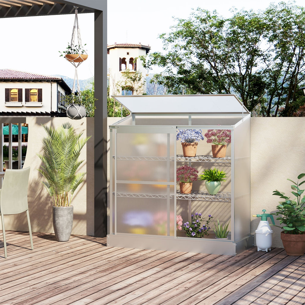 3 Tier Cold Frame Polycarbonate Greenhouse w/ Sliding Door & Openable Roof, 131 x 58 x 140cm