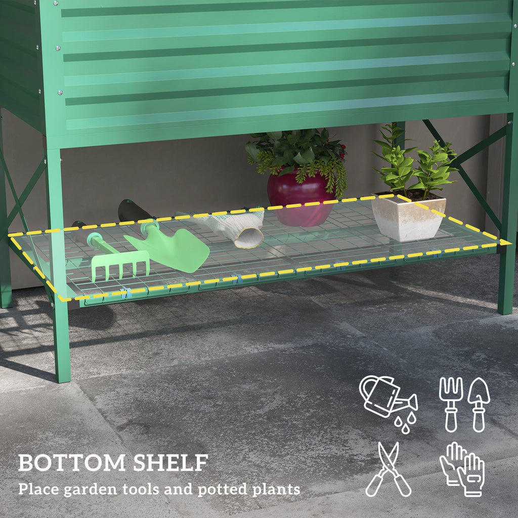 Galvanized Steel Raised Garden Bed with Storage Shelf and Bed Liner, Green