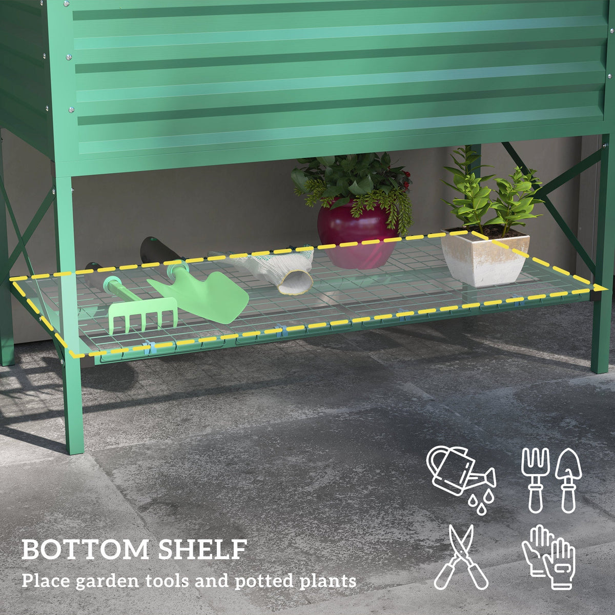 Galvanized Steel Raised Garden Bed with Storage Shelf and Bed Liner, Green