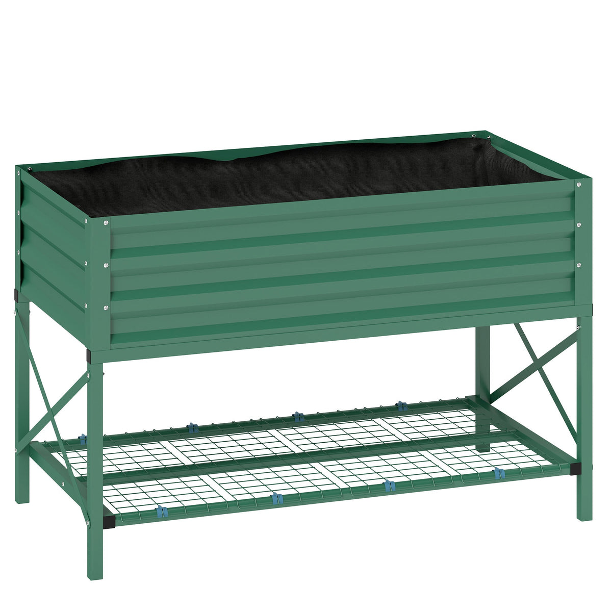 Galvanized Steel Raised Garden Bed with Storage Shelf and Bed Liner, Green