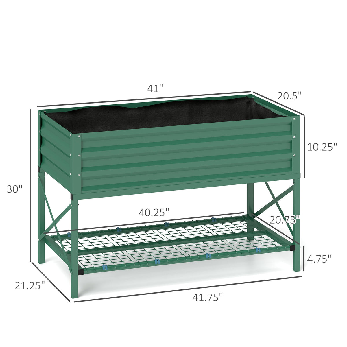 Galvanized Steel Raised Garden Bed with Storage Shelf and Bed Liner, Green