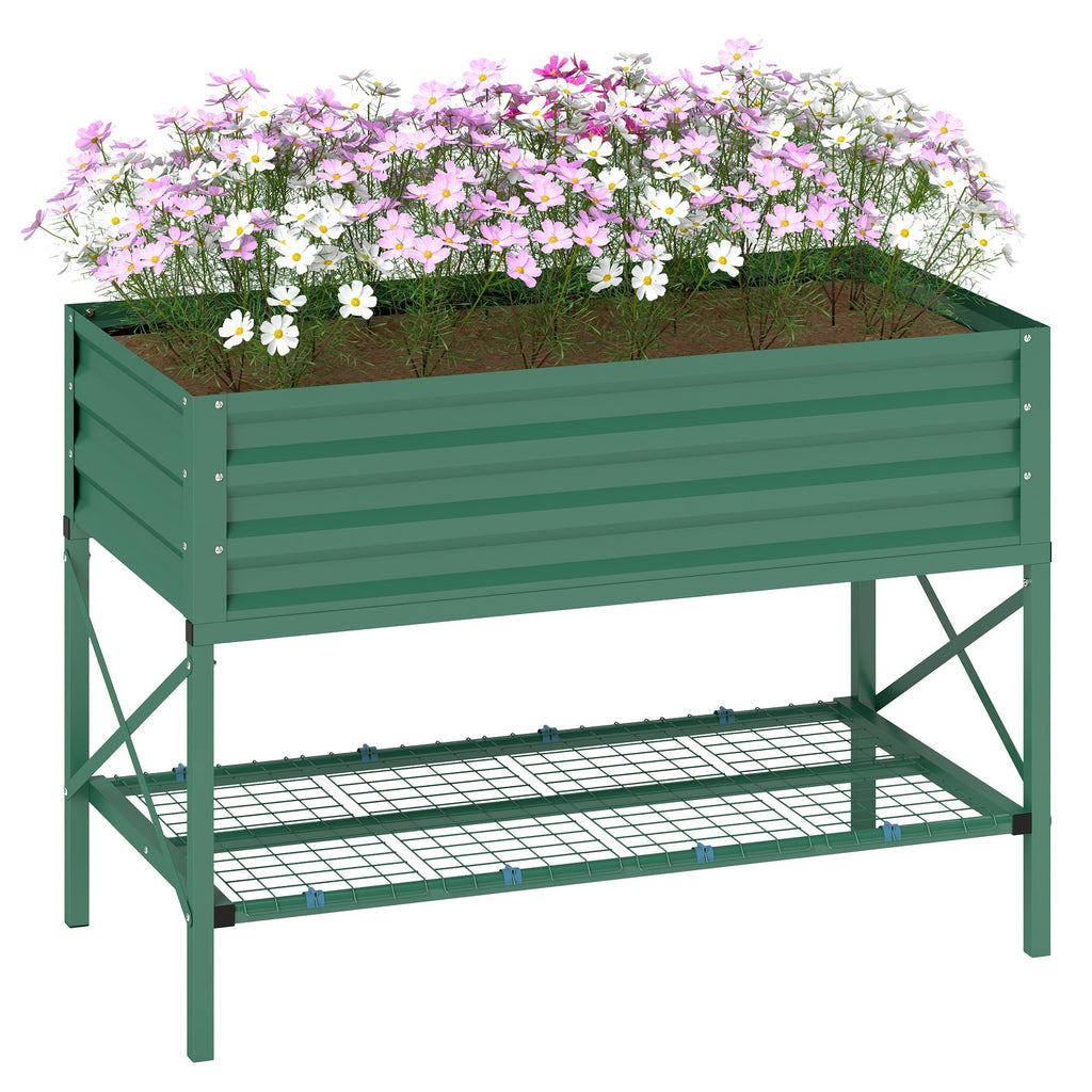 Galvanized Steel Raised Garden Bed with Storage Shelf and Bed Liner, Green
