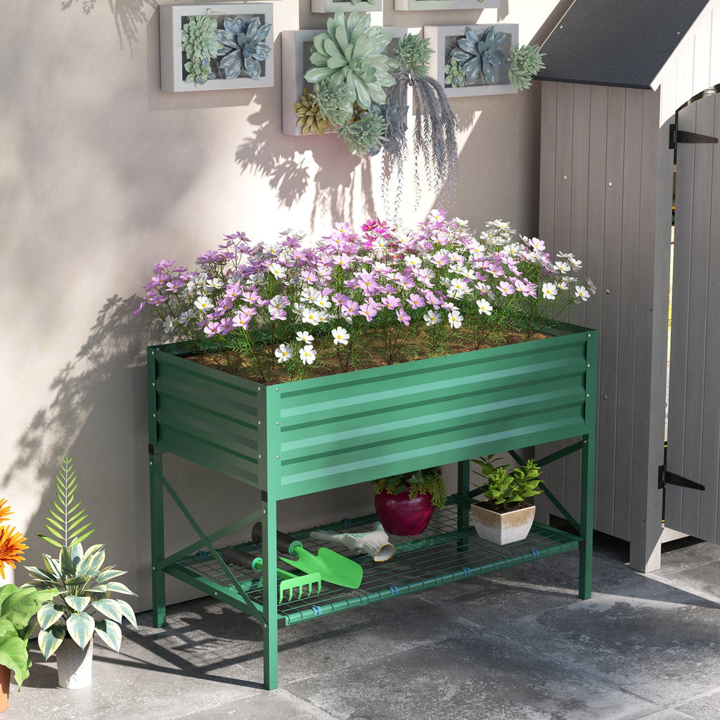Galvanized Steel Raised Garden Bed with Storage Shelf and Bed Liner, Green