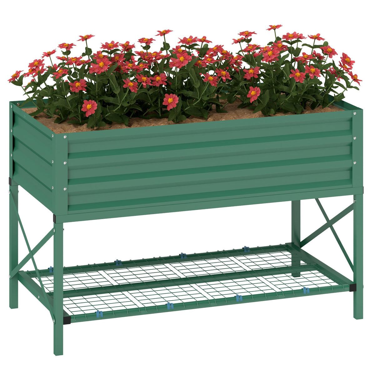 Galvanized Steel Raised Garden Bed with Storage Shelf and Bed Liner, Green
