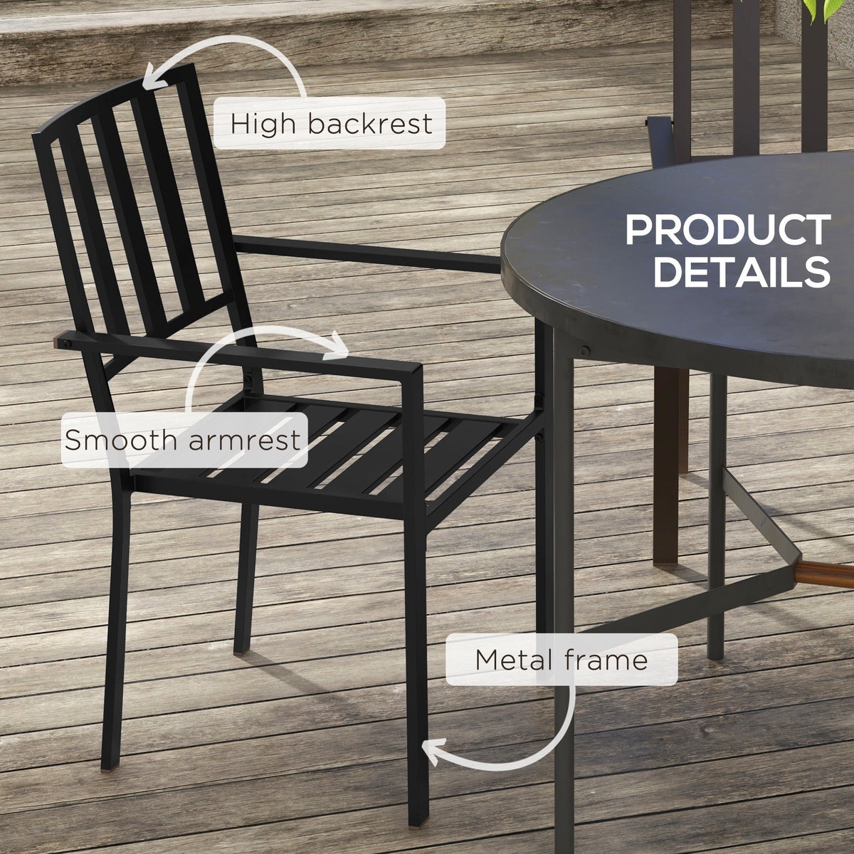 Set of 4 Garden Chairs, Stackable Outdoor Chairs with Metal Slatted Seat & Backrest, for Yard, Garden, Black