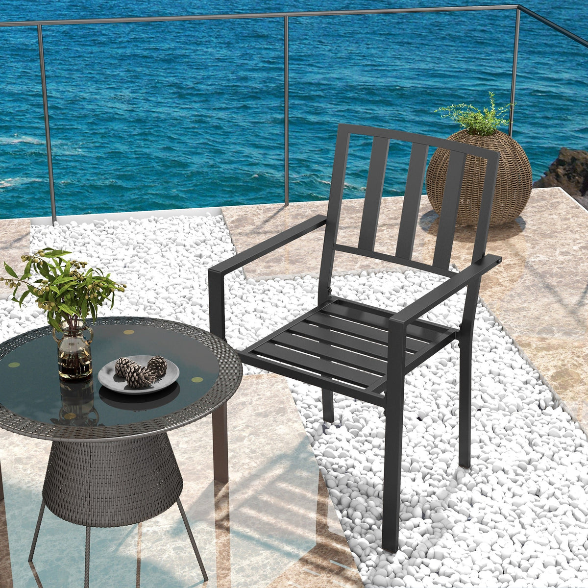 Set of 4 Garden Chairs, Stackable Outdoor Chairs with Metal Slatted Seat & Backrest, for Yard, Garden, Black