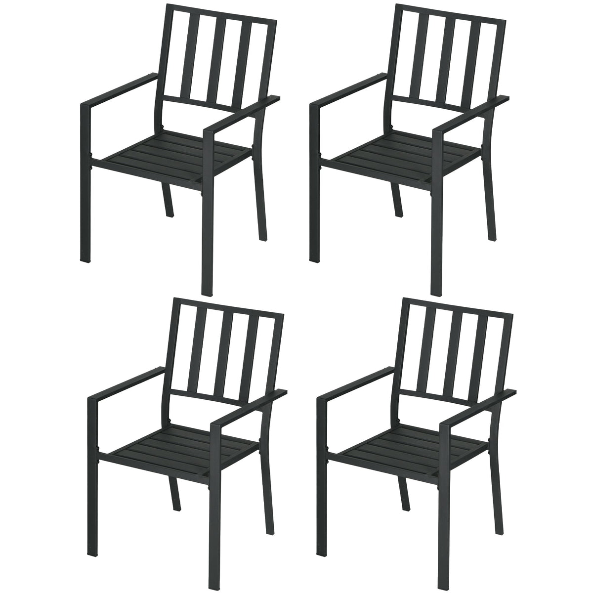 Set of 4 Garden Chairs, Stackable Outdoor Chairs with Metal Slatted Seat & Backrest, for Yard, Garden, Black