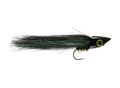 Rainy's Pole Dancer fishing lure features a sleek black head with a prominent yellow eye and a long, iridescent dark green and black feathered body, designed for musky fishing.