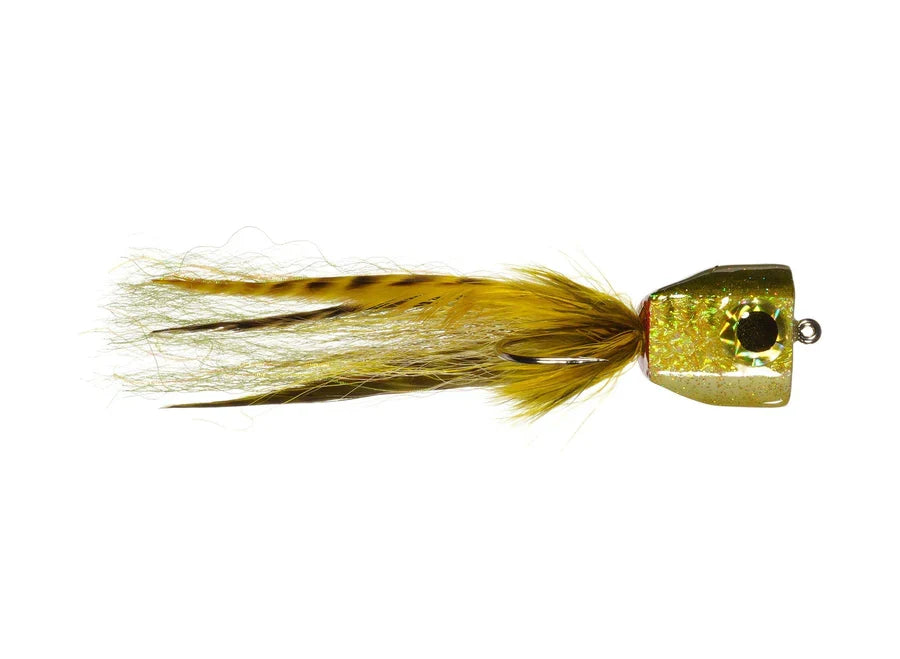 Detailed close-up of Rainy's Cyclops Popper 5/0 fishing lure featuring a gold, reflective popper head and brown feathered tail for musky and fly fishing tackle.