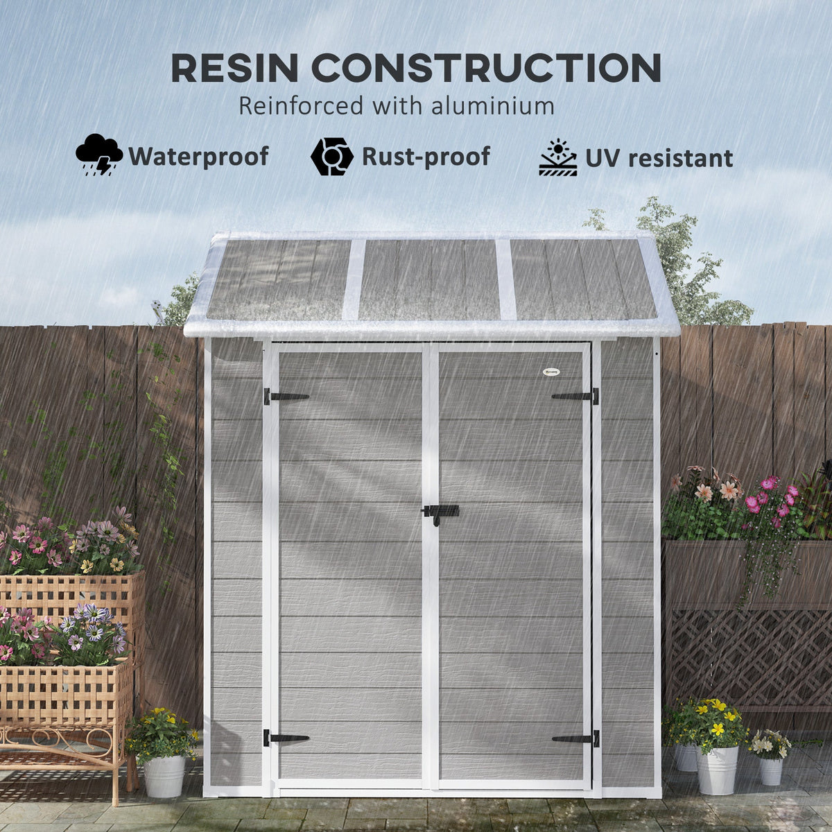 6' x 6' Resin Plastic Outdoor Storage Shed with Floor, Window and Lockable Doors, Grey