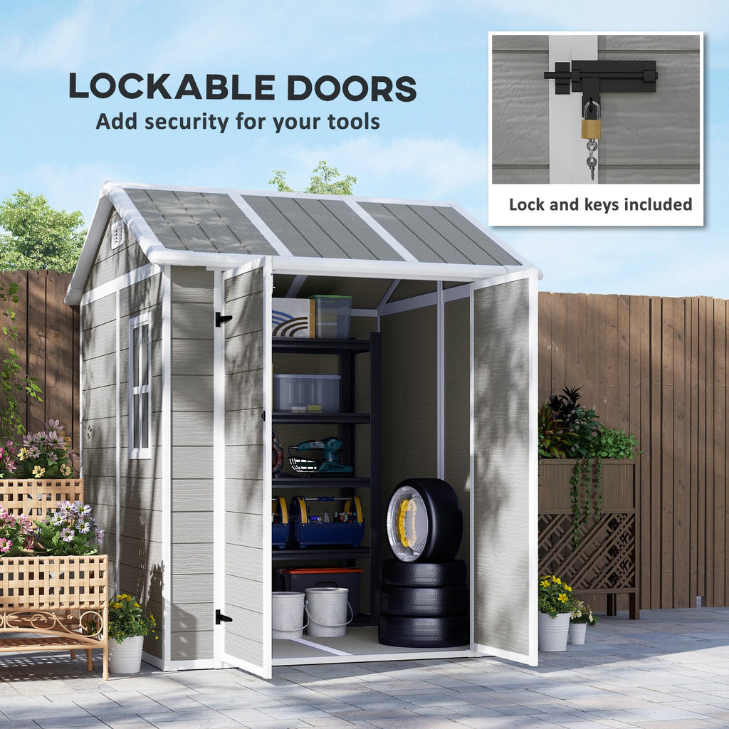 6' x 6' Resin Plastic Outdoor Storage Shed with Floor, Window and Lockable Doors, Grey