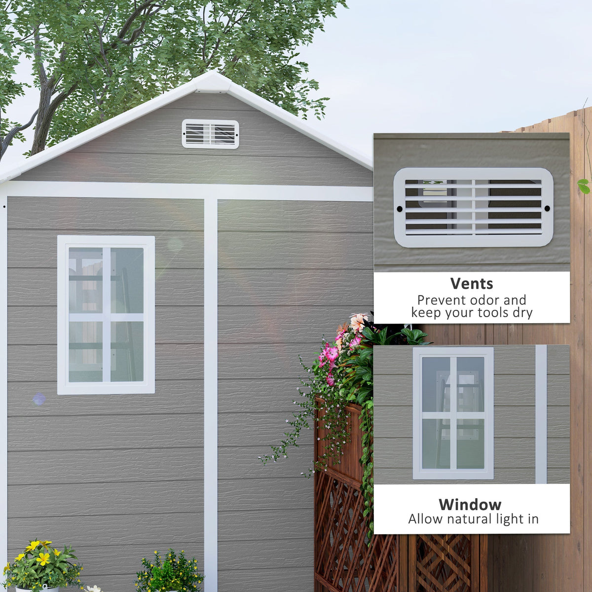 6' x 6' Resin Plastic Outdoor Storage Shed with Floor, Window and Lockable Doors, Grey