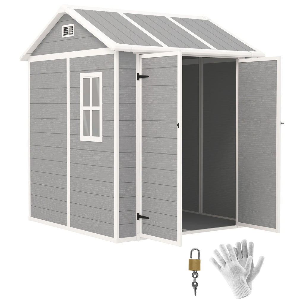 6' x 6' Resin Plastic Outdoor Storage Shed with Floor, Window and Lockable Doors, Grey