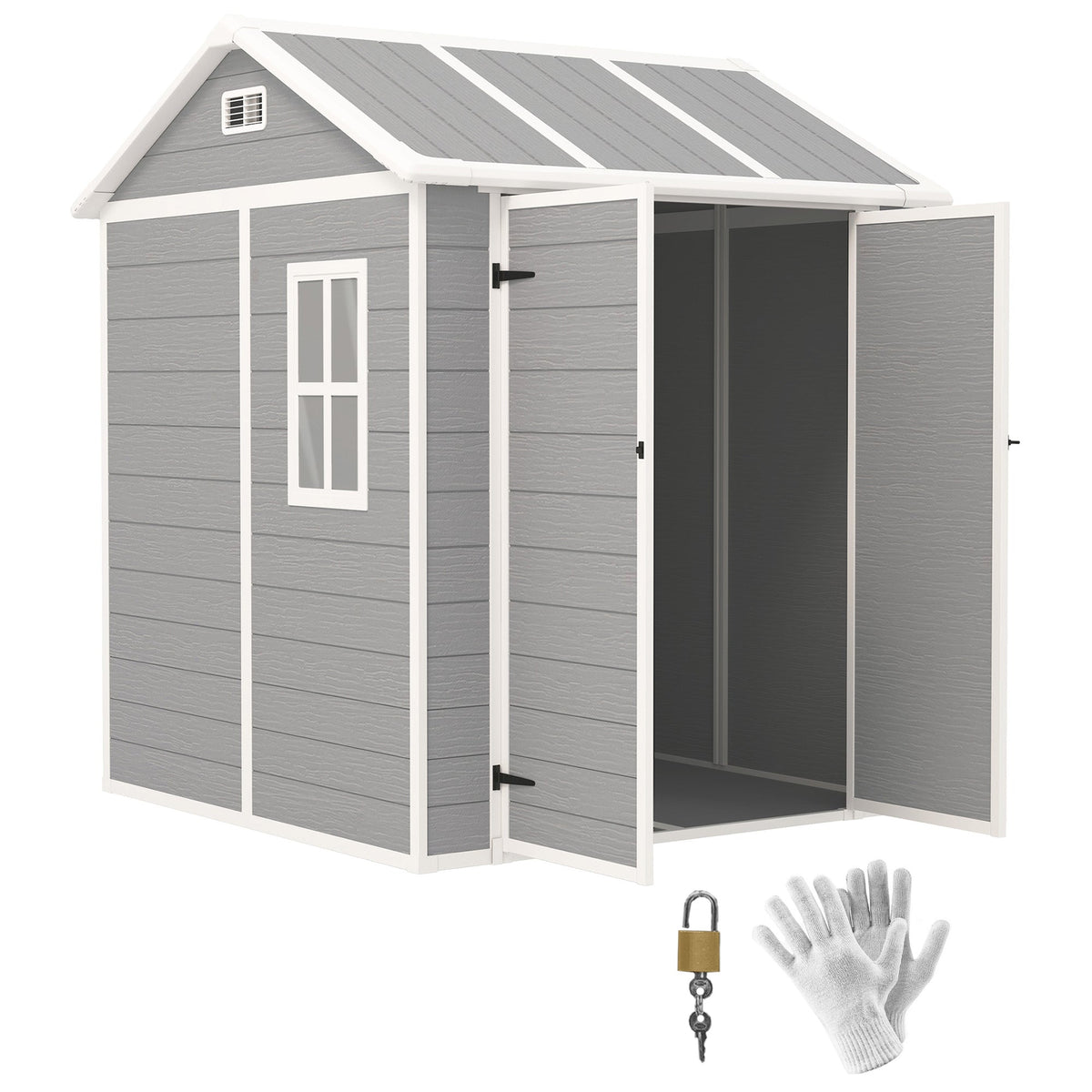 6' x 6' Resin Plastic Outdoor Storage Shed with Floor, Window and Lockable Doors, Grey