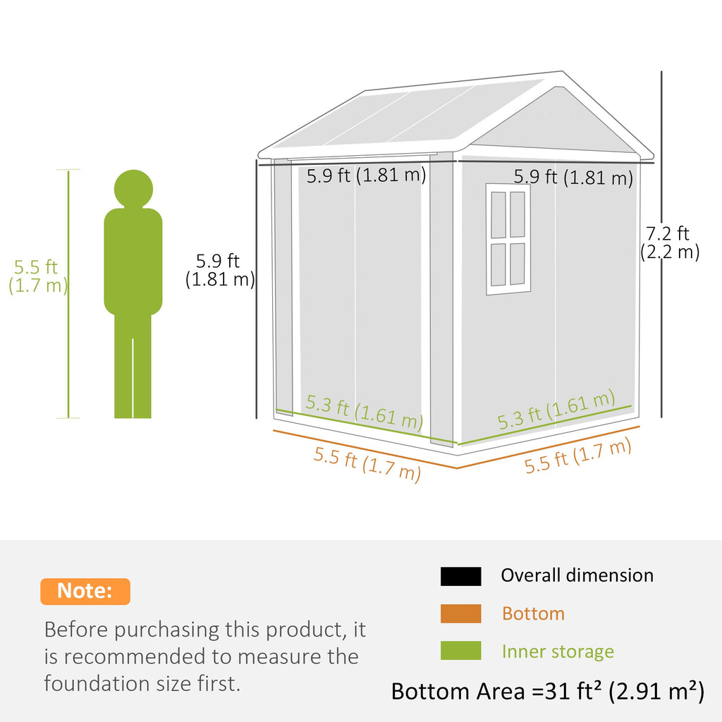 6' x 6' Resin Plastic Outdoor Storage Shed with Floor, Window and Lockable Doors, Grey