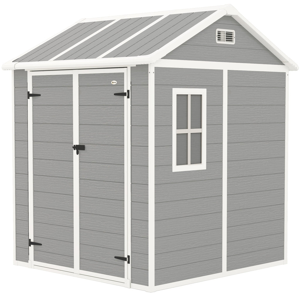 6' x 6' Resin Plastic Outdoor Storage Shed with Floor, Window and Lockable Doors, Grey