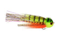 Close-up of Rainy's Truffle Shuffle 2/0, a brightly colored musky fishing lure with green and orange body, black stripes, red eye, and iridescent tail fibers, designed for effective fishing tackle.