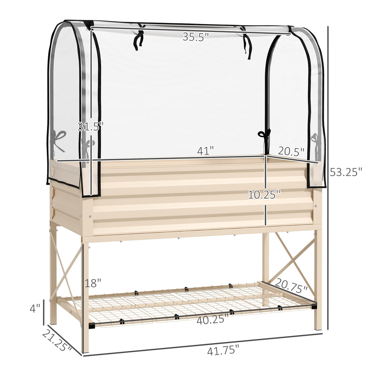 Metal Elevated Garden Bed with Cover & Bottom Shelf for Backyard, 41.75" x 21.25" x 53.25", Cream