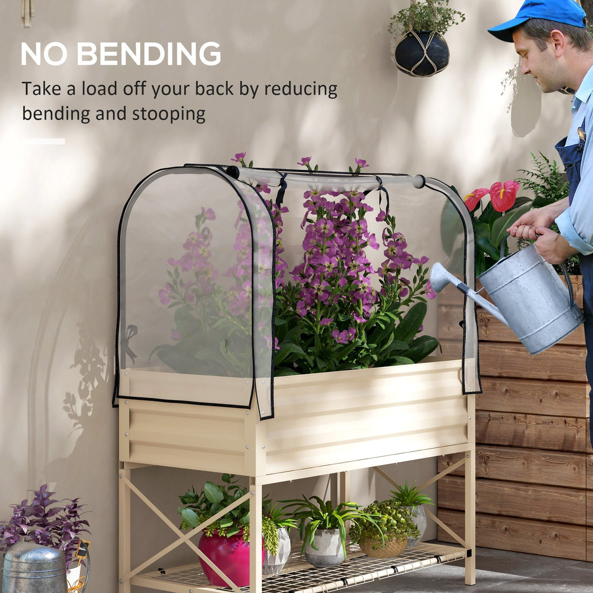Metal Elevated Garden Bed with Cover & Bottom Shelf for Backyard, 41.75" x 21.25" x 53.25", Cream