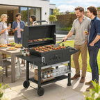 Charcoal BBQ Grill Smoker with Rotisserie Kit and Side Tables, Black