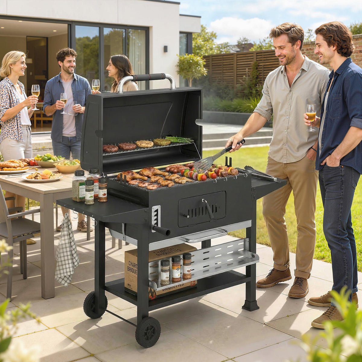 Charcoal BBQ Grill Smoker with Rotisserie Kit and Side Tables, Black