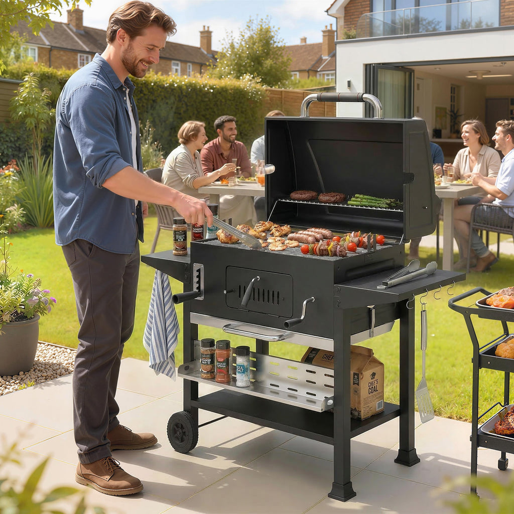 Charcoal BBQ Grill Smoker with Rotisserie Kit and Side Tables, Black