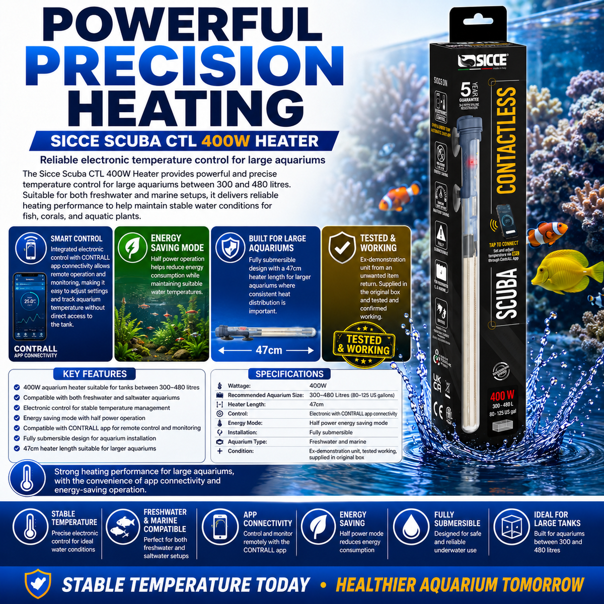 Sicce Scuba Contactless Heater Smart App Controlled Heating Aquarium 400W