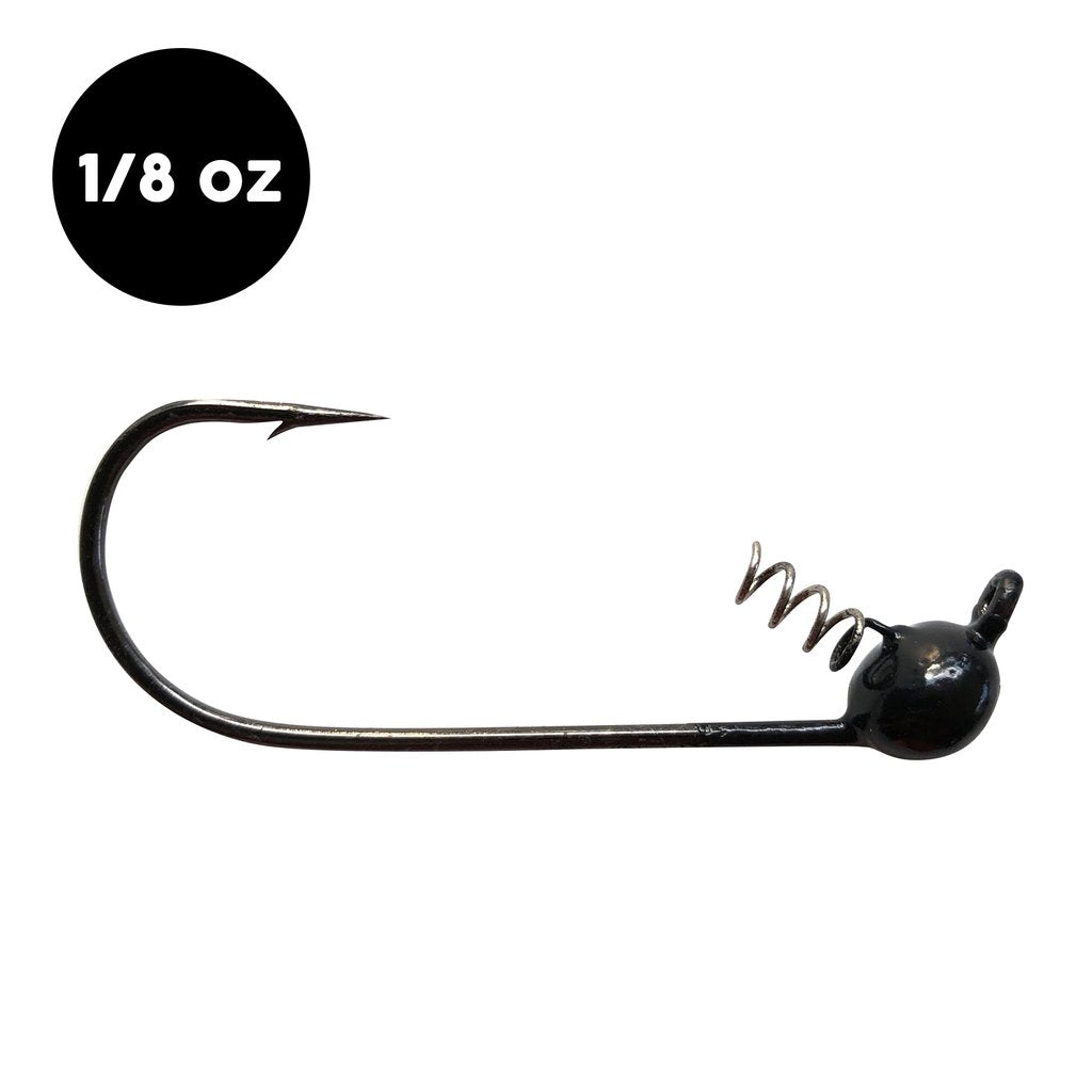 WOO! Tungsten Shakey Head Jig in black with a sharp fishing hook, weighted tungsten jig head, and a coiled wire bait keeper for secure fishing lure attachment.