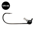 WOO! Tungsten Shakey Head Jig in black with a sharp fishing hook, weighted tungsten jig head, and a coiled wire bait keeper for secure fishing lure attachment.