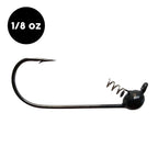 WOO! Tungsten Shakey Head Jig in black with a sharp fishing hook, weighted tungsten jig head, and a coiled wire bait keeper for secure fishing lure attachment.