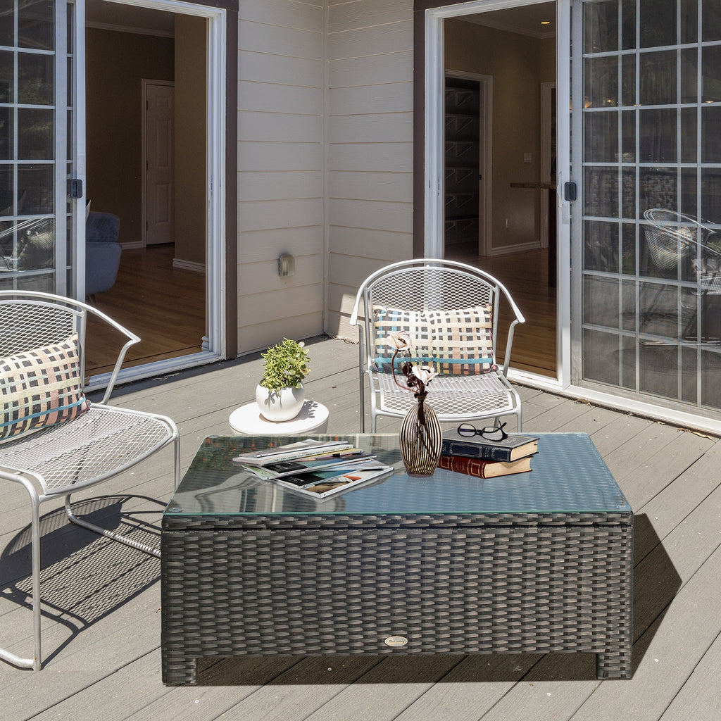 Rectangular Rattan Coffee Table with Tempered Glass Top for Garden, Patio, Black