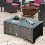 Rectangular Rattan Coffee Table with Tempered Glass Top for Garden, Patio, Black