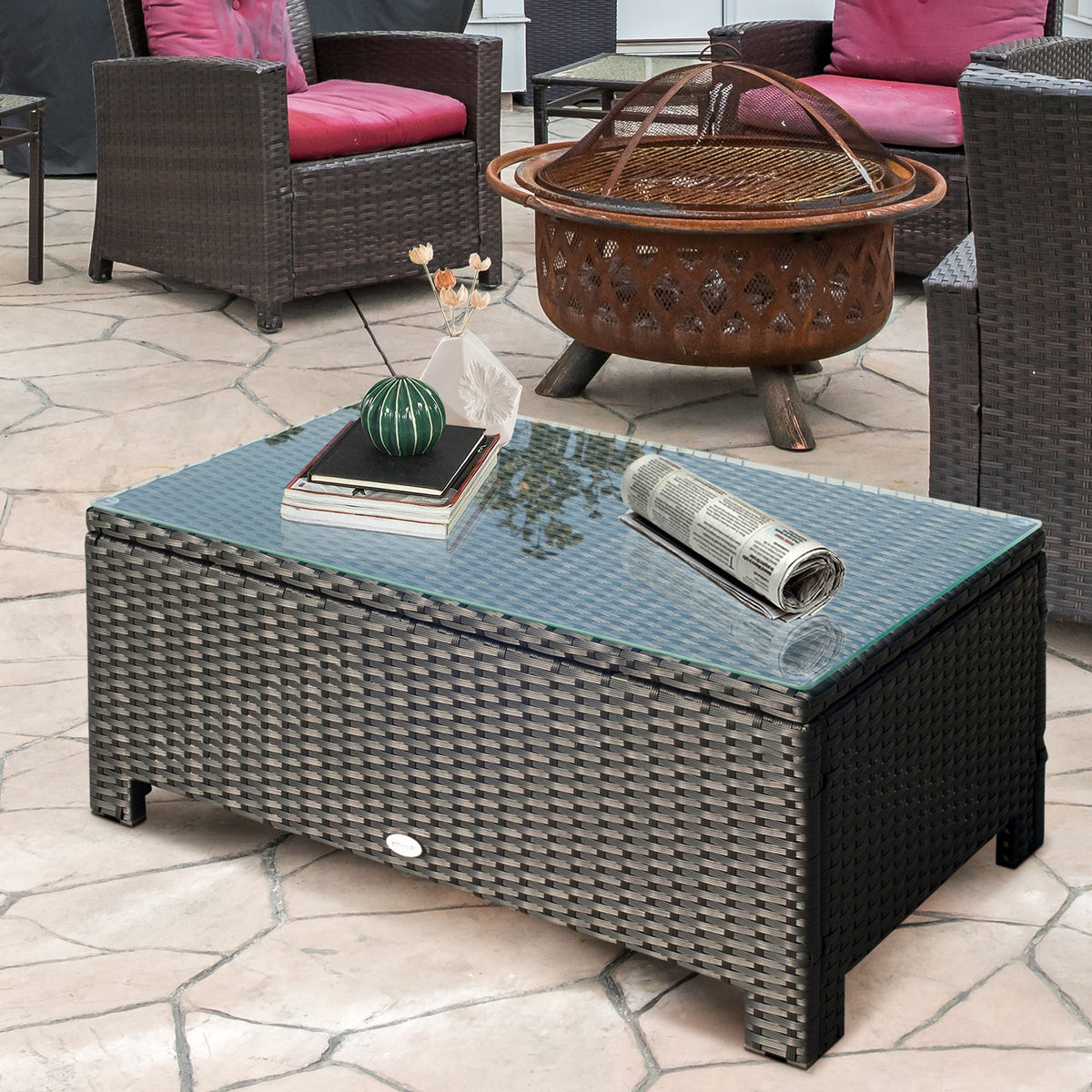 Rectangular Rattan Coffee Table with Tempered Glass Top for Garden, Patio, Black