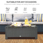 Rectangular Rattan Coffee Table with Tempered Glass Top for Garden, Patio, Black